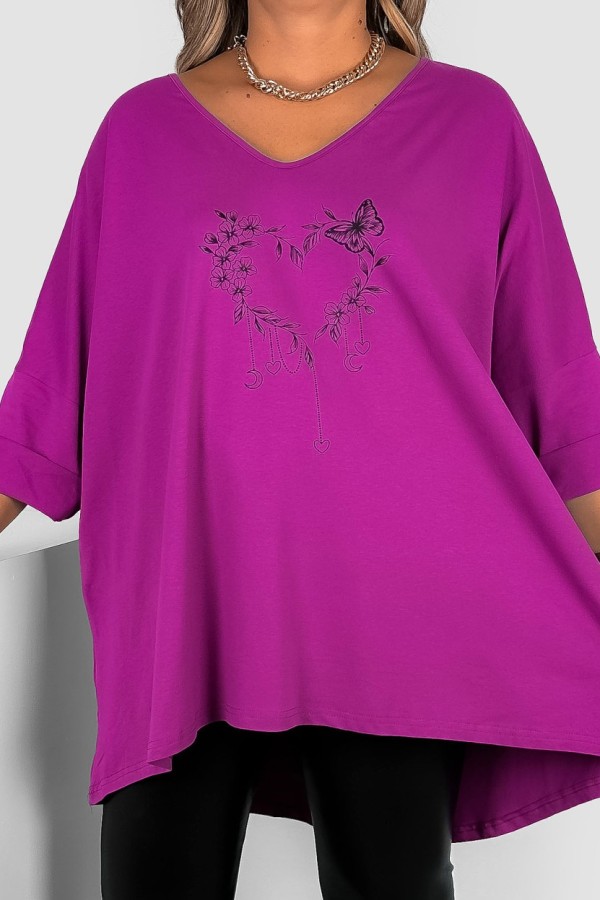 Tunika plus size w kolorze magenta oversize dekolt V kwiatowe serce motyl ARES 1