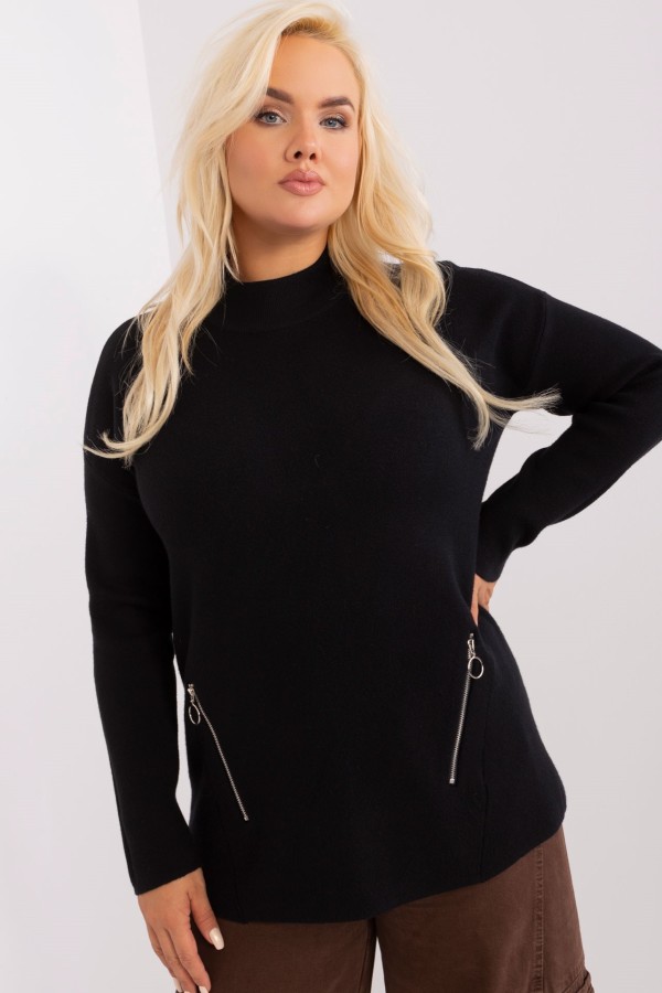 Sweter plus size w kolorze czarnym z półgolfem zamki Hirni