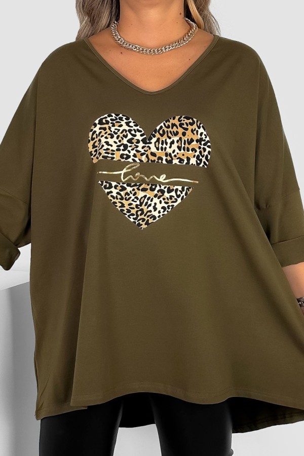 Tunika plus size w kolorze khaki oversize dekolt V serce panterka love FELZI