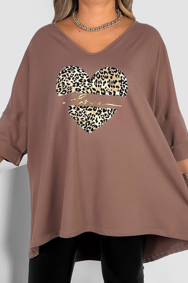 Tunika plus size w kolorze cappuccino oversize dekolt V serce panterka love FELZI