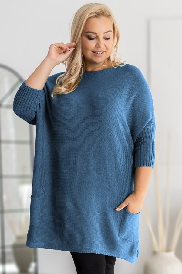 MEGA oversize sweter damski w kolorze denim ściągacze kieszonki GOPI