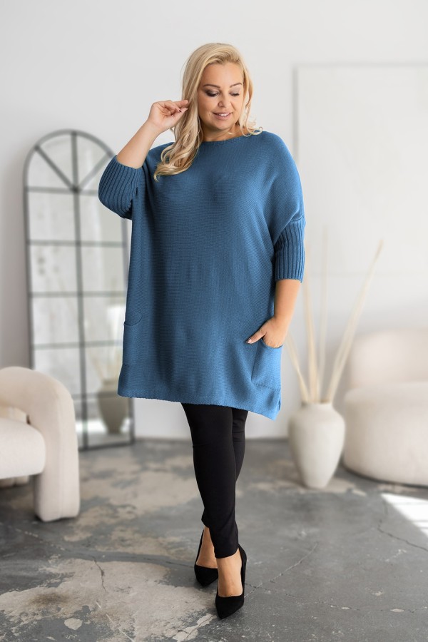 MEGA oversize sweter damski w kolorze denim ściągacze kieszonki GOPI 1