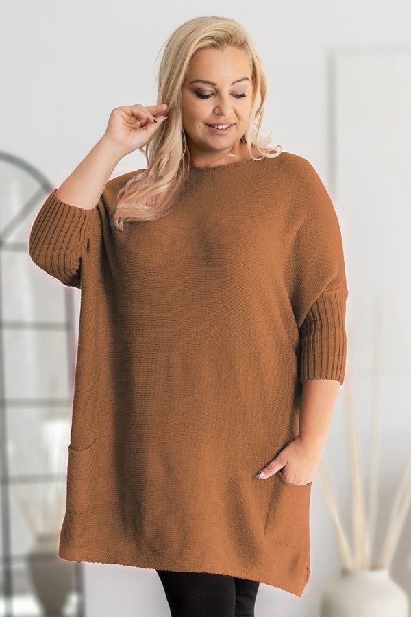 MEGA oversize sweter damski w kolorze karmelowym ściągacze kieszonki GOPI