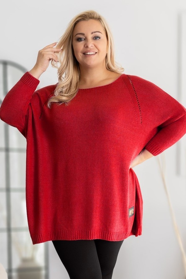 MEGA oversize sweter damski w kolorze czerwonym ażur naszywka SHAPE 2