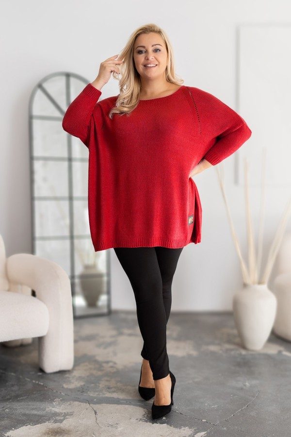 MEGA oversize sweter damski w kolorze czerwonym ażur naszywka SHAPE 1