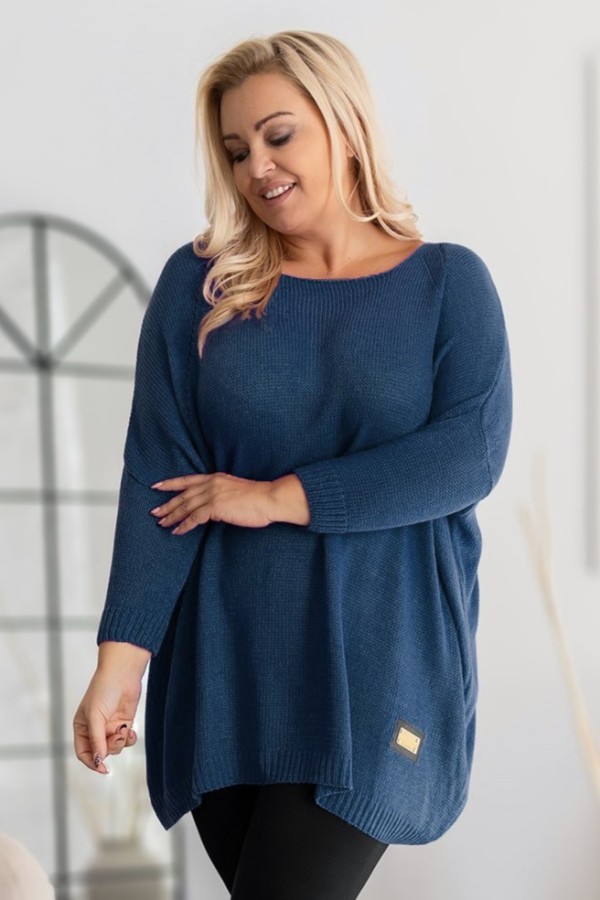 MEGA oversize sweter damski w kolorze granatowym ażur naszywka SHAPE