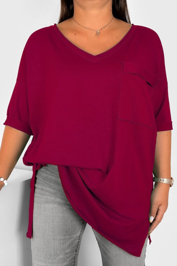 Tunika damska w kolorze burgundowym bluzka oversize v-neck kieszeń Polina