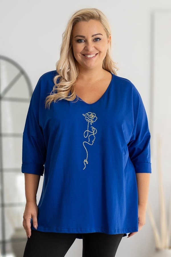 Tunika plus size w kolorze kobaltowym oversize dekolt V złota twarz kwiat Doti