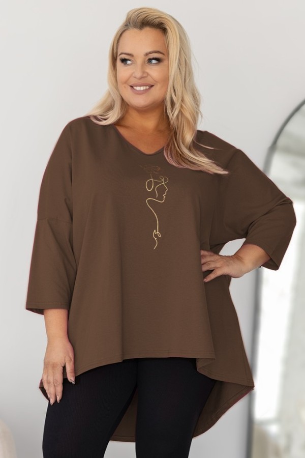 Tunika plus size w kolorze brązowym oversize dekolt V złota twarz kwiat Doti 1