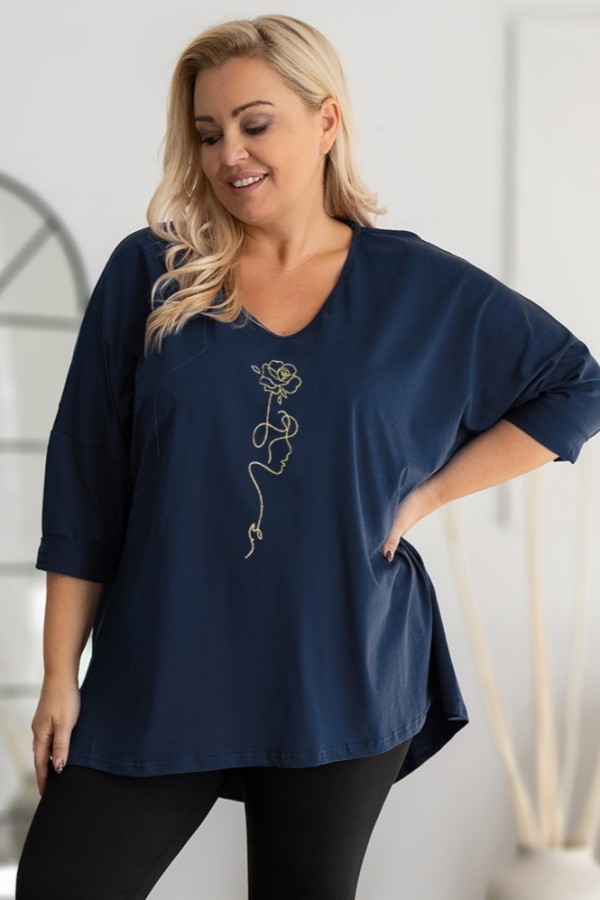 Tunika plus size w kolorze granatowym oversize dekolt V złota twarz kwiat Doti