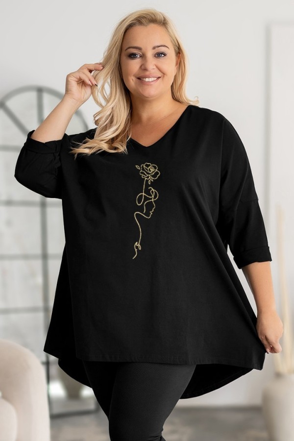 Tunika plus size w kolorze czarnym oversize dekolt V złota twarz kwiat Doti