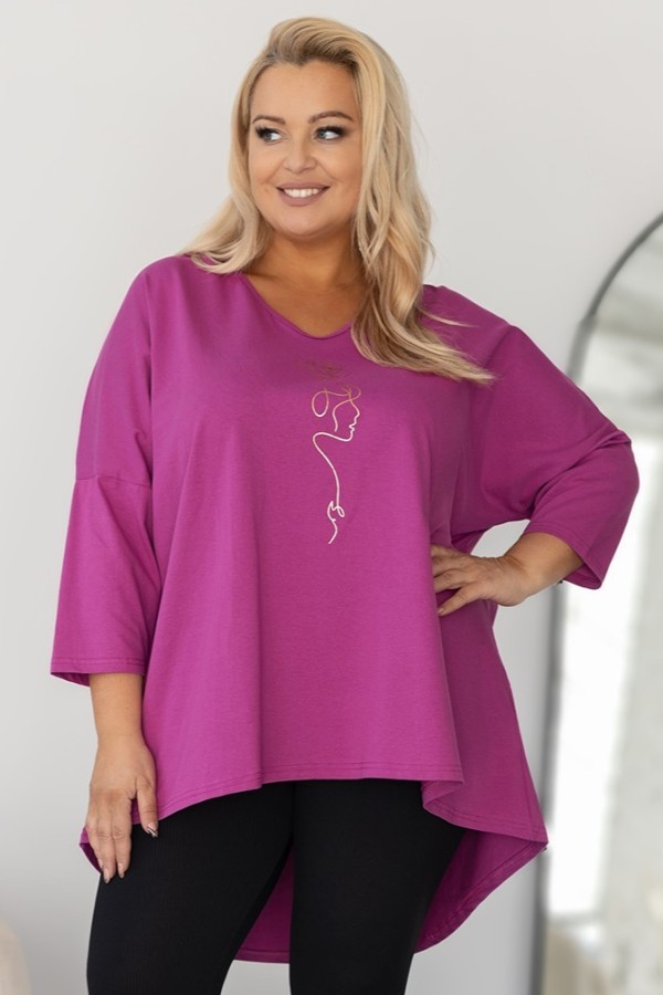 Tunika plus size w kolorze magenta oversize dekolt V złota twarz kwiat Doti