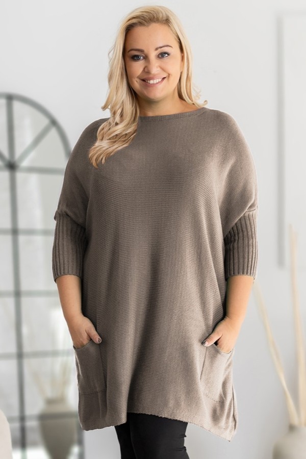 MEGA oversize sweter damski w kolorze beżu fango ściągacze kieszonki GOPI