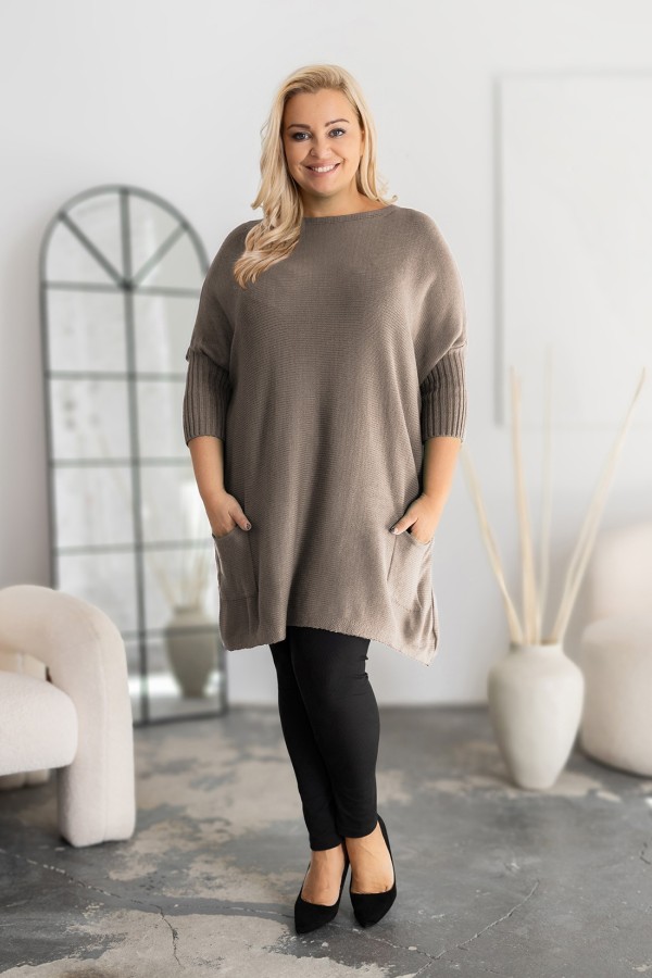 MEGA oversize sweter damski w kolorze beżu fango ściągacze kieszonki GOPI 1