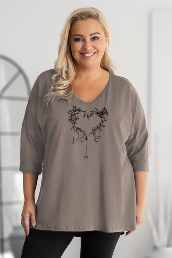 Tunika plus size w kolorze beżu fango oversize dekolt V kwiatowe serce motyl ARES 2