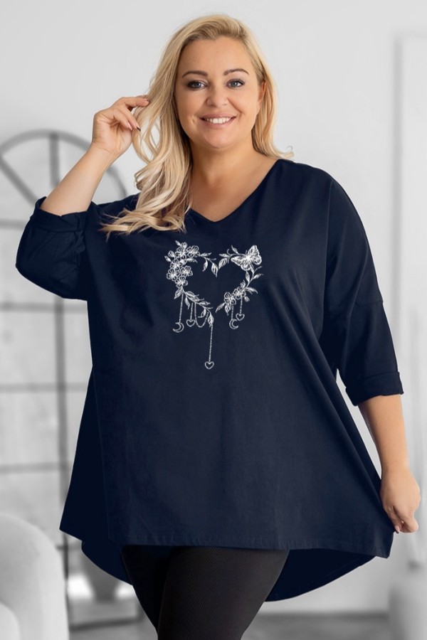 Tunika plus size w kolorze granatowym oversize dekolt V kwiatowe serce motyl ARES