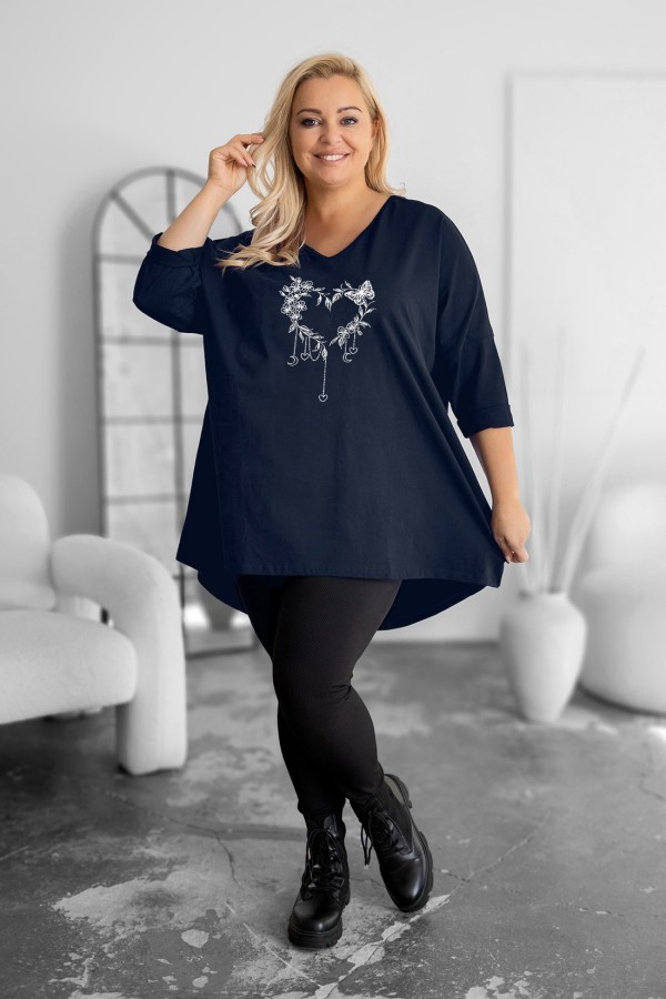 Tunika plus size w kolorze granatowym oversize dekolt V kwiatowe serce motyl ARES 1