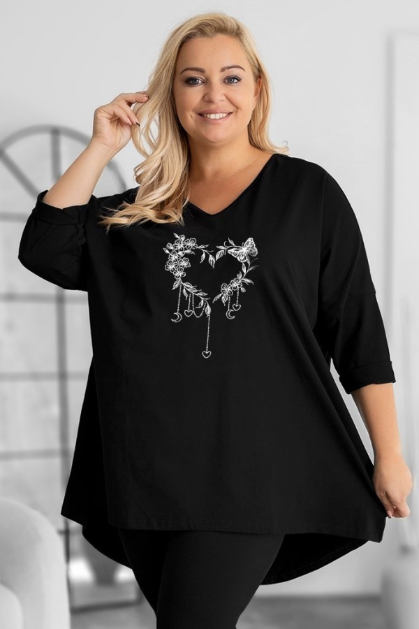 Tunika plus size w kolorze czarnym oversize dekolt V kwiatowe serce motyl ARES