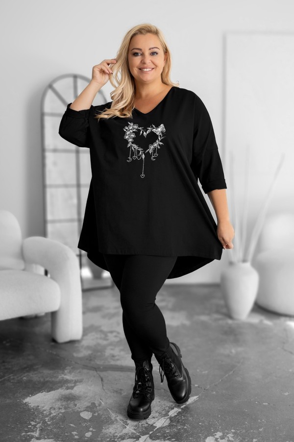 Tunika plus size w kolorze czarnym oversize dekolt V kwiatowe serce motyl ARES 1