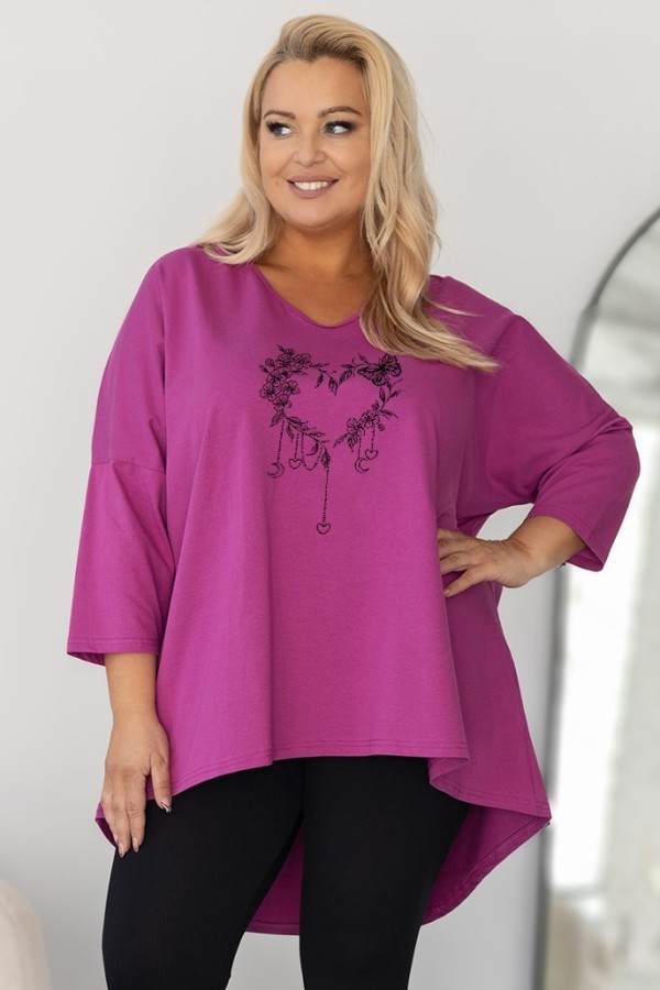 Tunika plus size w kolorze magenta oversize dekolt V kwiatowe serce motyl ARES