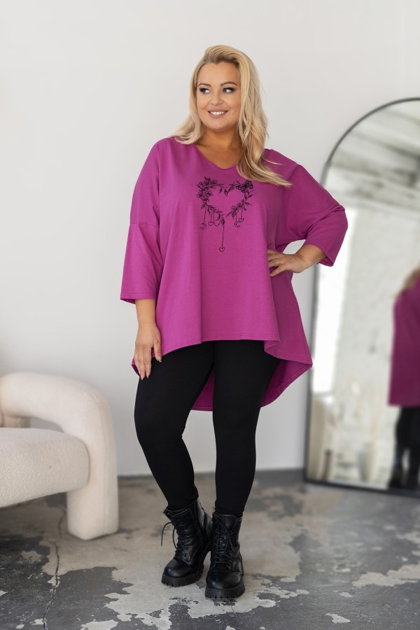 Tunika plus size w kolorze magenta oversize dekolt V kwiatowe serce motyl ARES 1