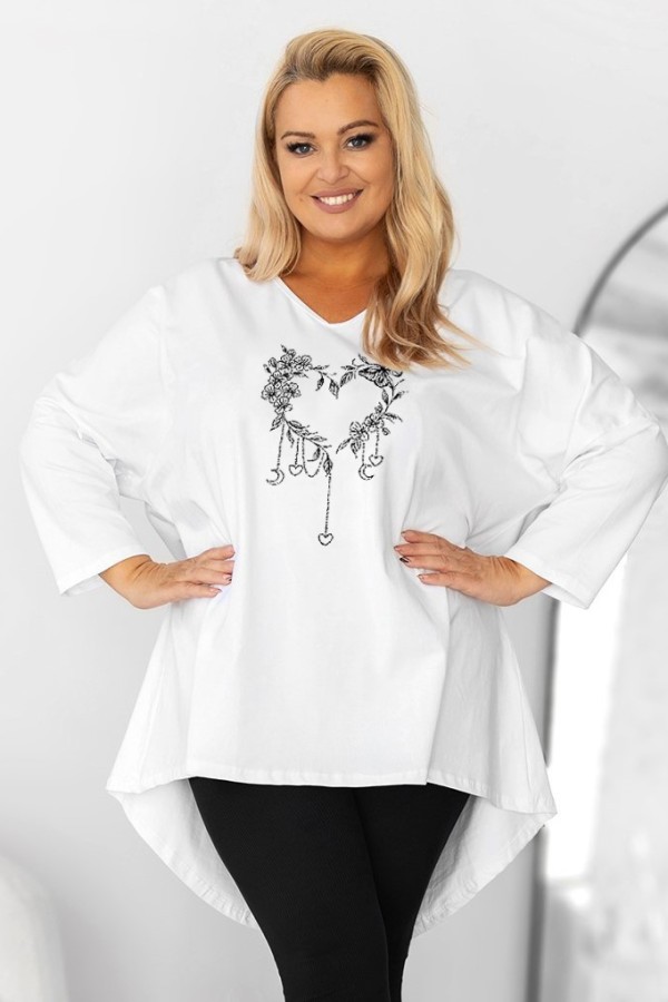 Tunika plus size w kolorze białym oversize dekolt V kwiatowe serce motyl ARES