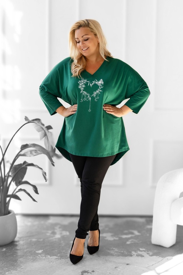 Tunika plus size w kolorze butelkowym oversize dekolt V kwiatowe serce motyl ARES 1