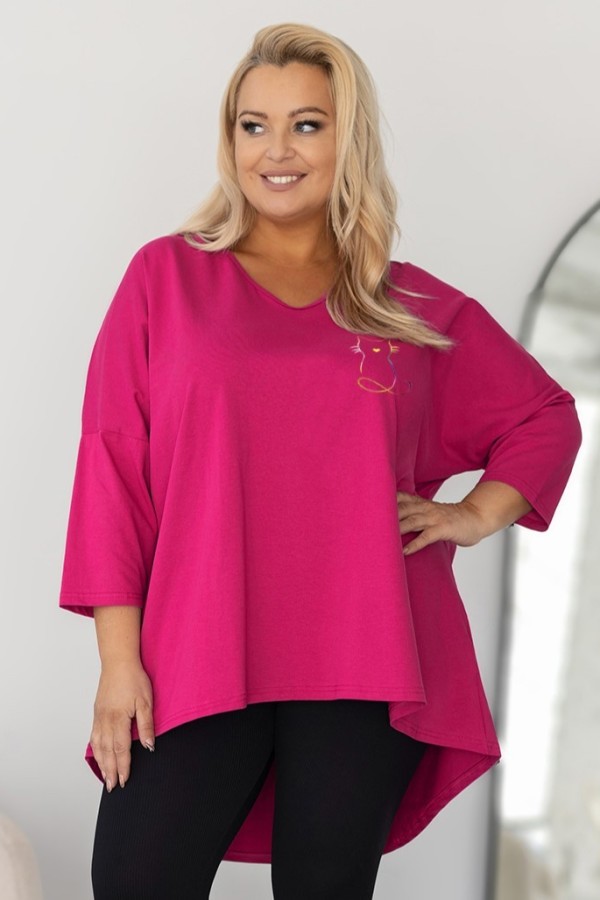 Tunika plus size w kolorze fuksji oversize dekolt V nadruk holo kot ABRIL