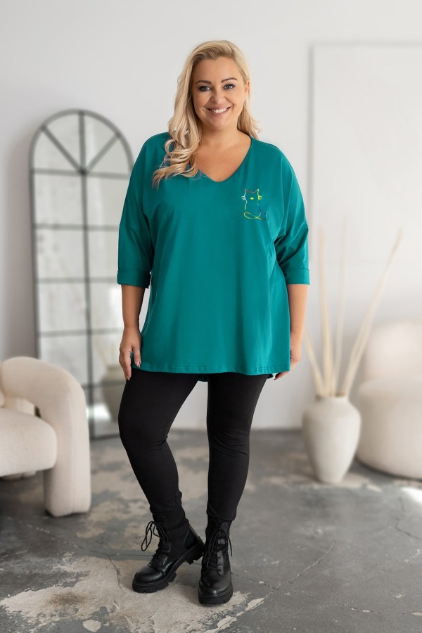 Tunika plus size w kolorze morskim oversize dekolt V nadruk holo kot ABRIL 1