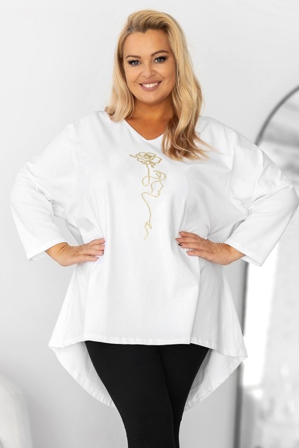 Tunika plus size w kolorze białym oversize dekolt V złota twarz kwiat Doti