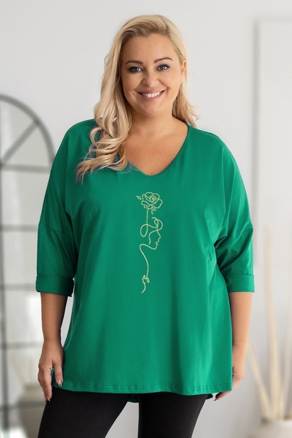 Tunika plus size w kolorze zielonym oversize dekolt V złota twarz kwiat Doti