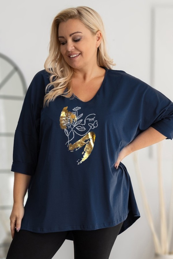 Tunika plus size w kolorze granatowym oversize dekolt V twarz złoto AMAI