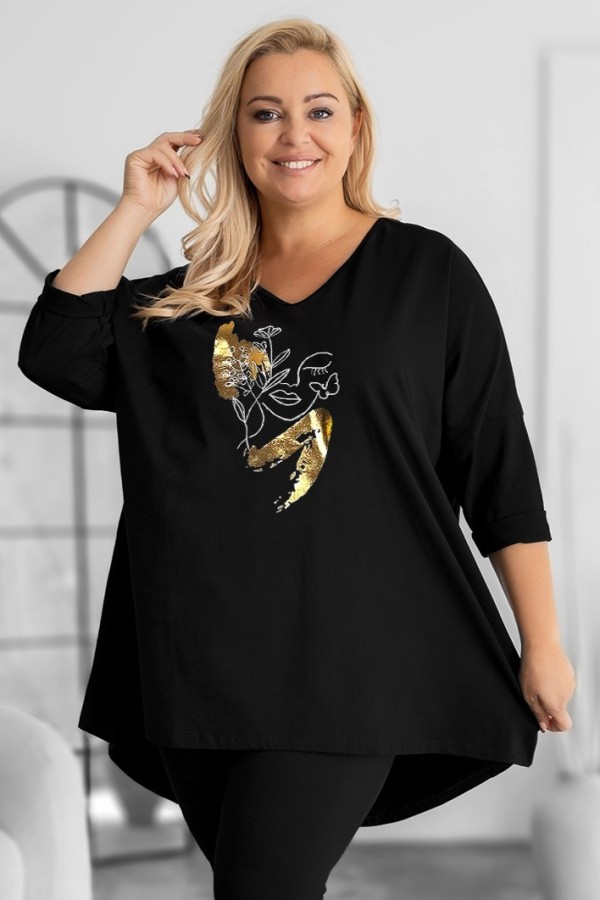 Tunika plus size w kolorze czarnym oversize dekolt V twarz złoto AMAI