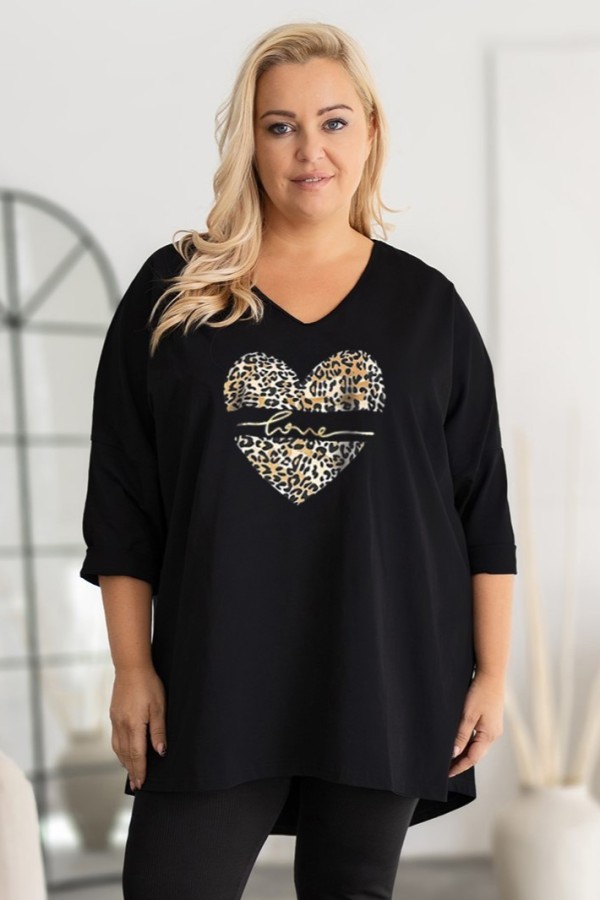 Tunika plus size w kolorze czarnym oversize dekolt V serce panterka love FELZI