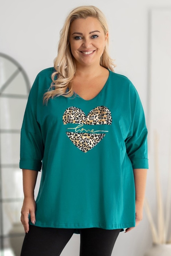 Tunika plus size w kolorze morskim oversize dekolt V serce panterka love FELZI