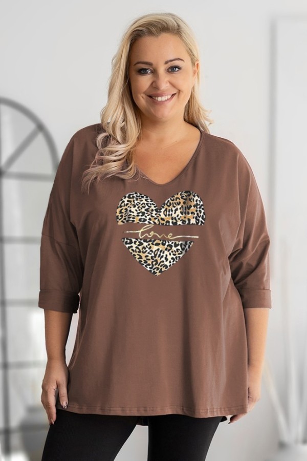 Tunika plus size w kolorze cappuccino oversize dekolt V serce panterka love FELZI