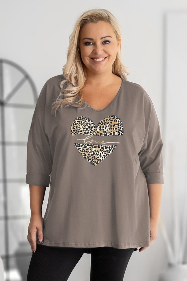 Tunika plus size w kolorze beżu fango oversize dekolt V serce panterka love FELZI 2