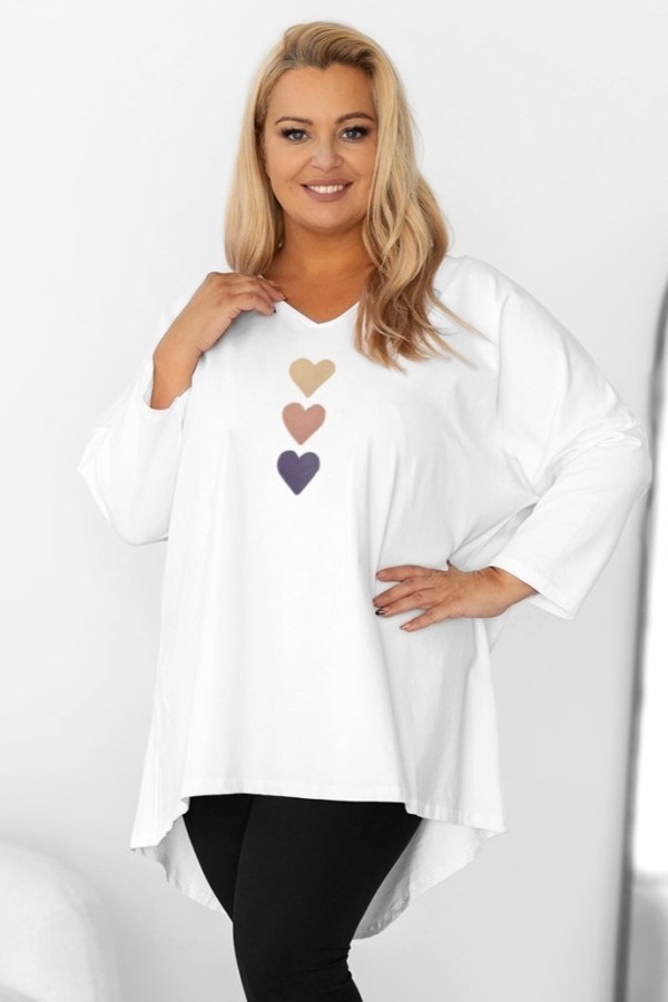 Tunika plus size w kolorze białym oversize dekolt V serca hearts Zoja