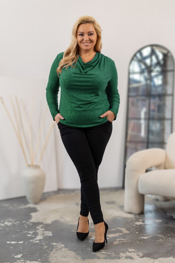 Błyszcząca bluzka plus size w kolorze butelkowym dekolt woda brokat MIMOZA 1