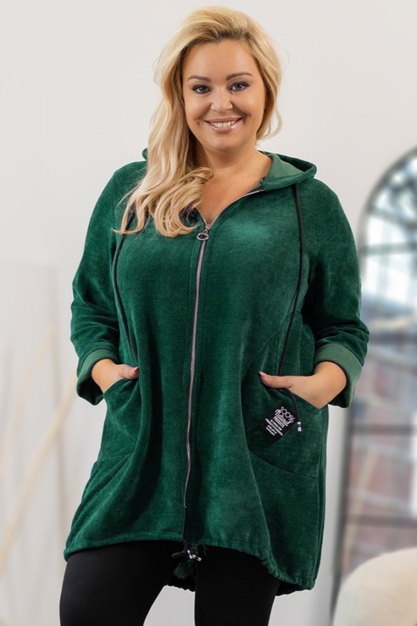 Bluza plus size w kolorze butelkowym z kapturem na zamek narzutka KATARINA