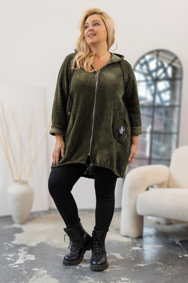 Bluza plus size w kolorze khaki z kapturem na zamek narzutka KATARINA 1