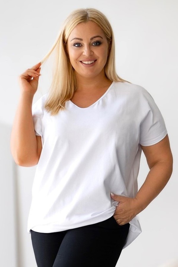 T-shirt damski plus size gładki w kolorze białym dekolt w serek V-neck FOXI