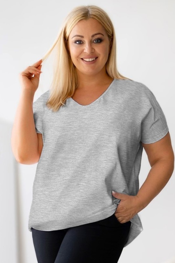 Bluzka damska T-shirt plus size w kolorze szarego melanżu dekolt w serek