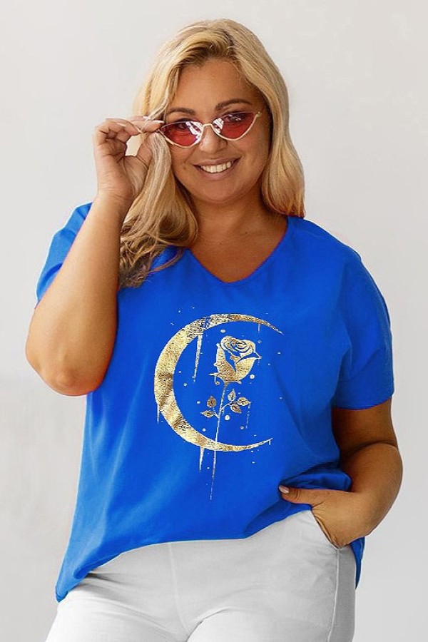 Bluzka damska T-shirt plus size w kolorze niebieskim złoty nadruk moon rose