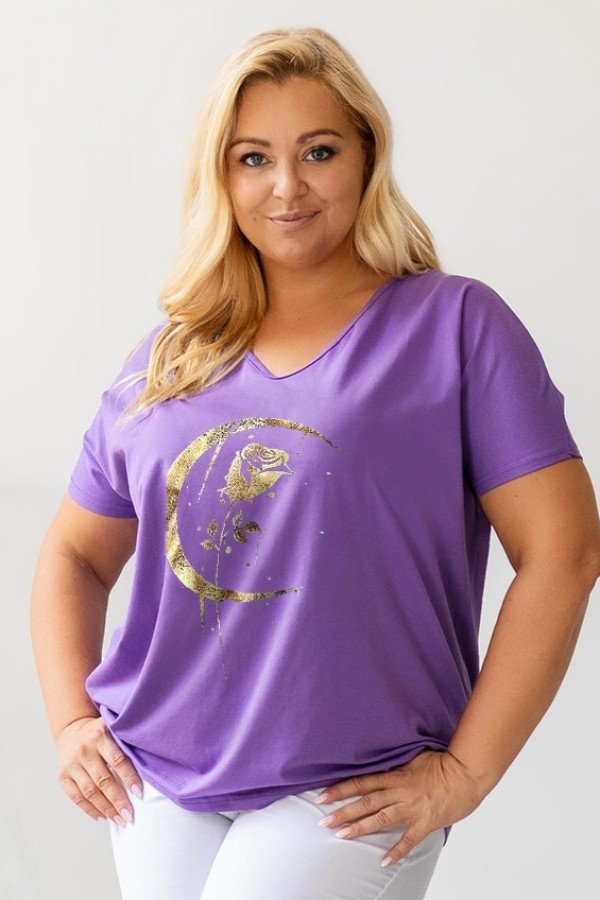 Bluzka damska T-shirt plus size w kolorze lila fiolet złoty nadruk moon rose