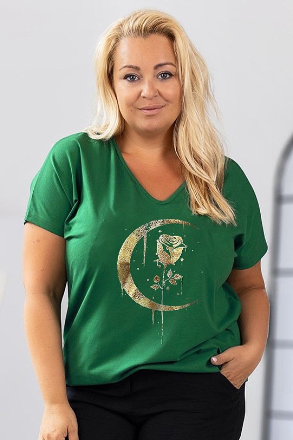 Bluzka damska T-shirt plus size w kolorze zielonym złoty nadruk moon rose