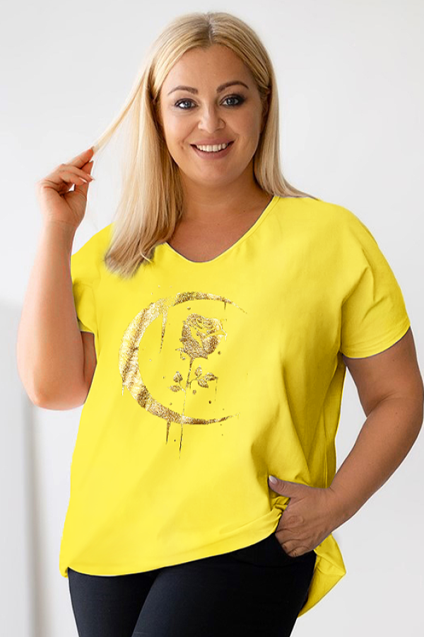 Bluzka damska T-shirt plus size w kolorze żółtym złoty nadruk moon rose