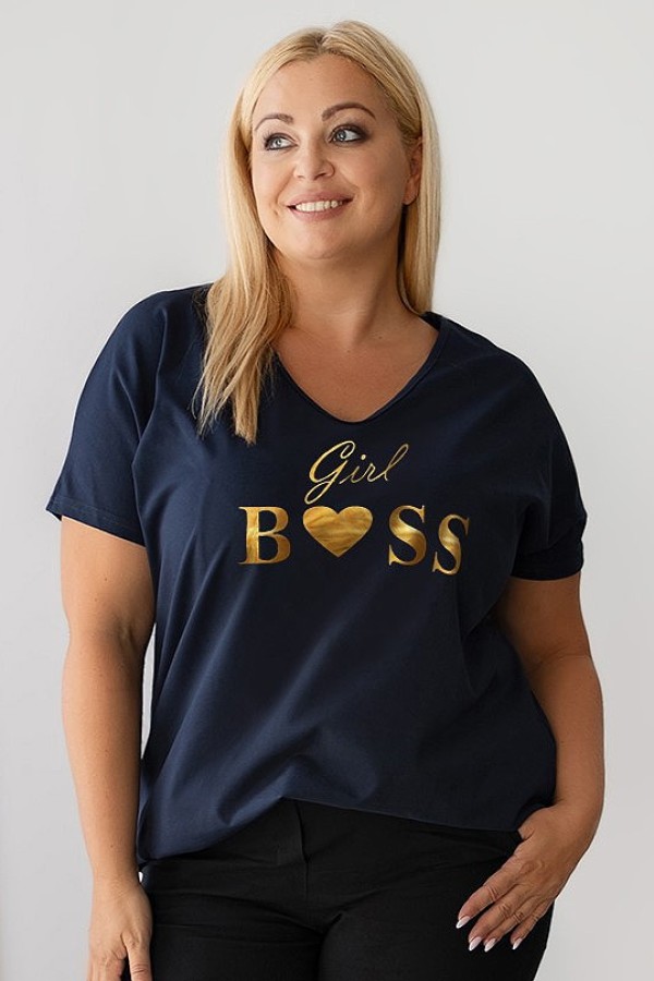 T-shirt damski plus size w kolorze granatowym dekolt V-neck złoty nadruk girl boss