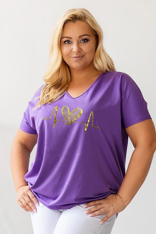 T-shirt damski plus size w kolorze fioletowym dekolt V-neck złoty nadruk linia życia serce