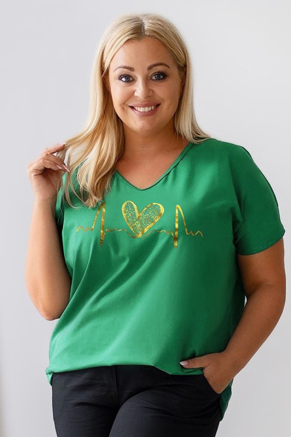 T-shirt damski plus size w kolorze zielonym dekolt V-neck złoty nadruk linia życia serce